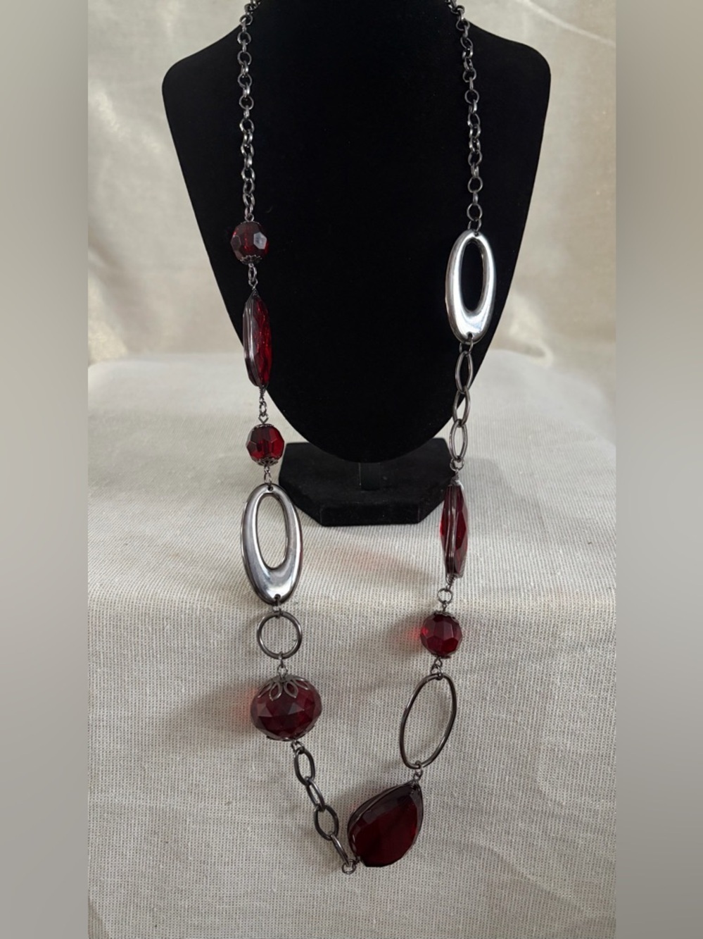 Long Red Bead and Silver Oval Link Necklace - Women Jewelry